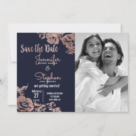 Navy Blue und Rosen Gold Floral Save the Date