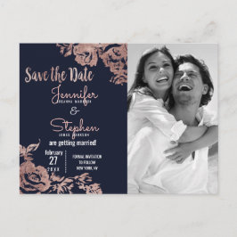 Navy Blue und Rosen Gold Floral Save the Date Ankündigungspostkarte