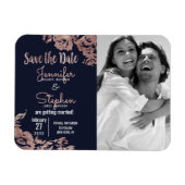 Navy Blue und Rosen Gold Floral Save the Date Magnet (Horizontal)