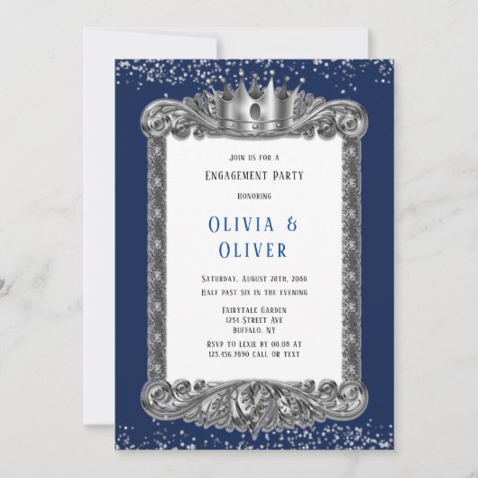Navy Blue und Silber Frame Royal Engagement Party Einladung (Vorderseite)