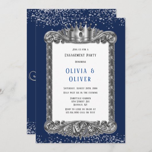 Navy Blue und Silber Frame Royal Engagement Party Einladung (Vorne/Hinten)