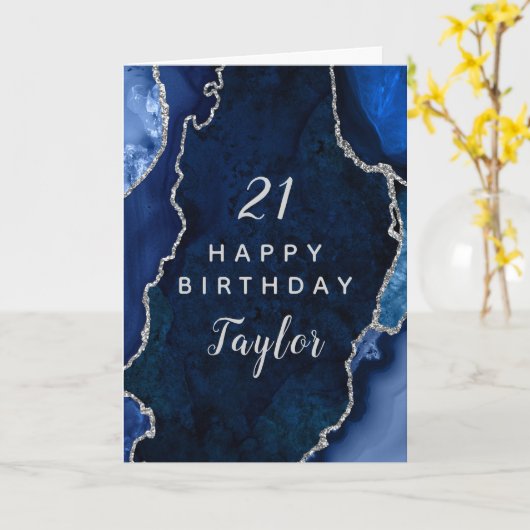 Navy Blue und Silver Agate Happy Birthday Karte (Gelbe Blume)