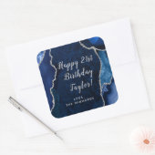 Navy Blue und Silver Agate Happy Birthday Quadratischer Aufkleber (Umschlag)