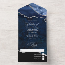 Navy Blue und Silver Agate Hochzeit in einem Invi All In One Einladung