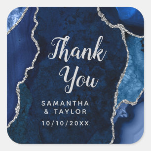 Navy Blue und Silver Agate Wedding Vielen Dank Quadratischer Aufkleber