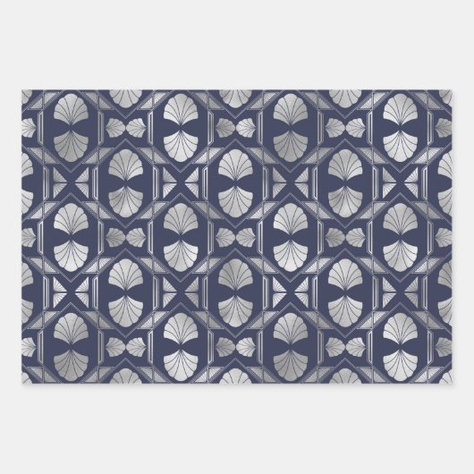 Navy Blue und Silver Art Deco Muschel Muster Geschenkpapier Set (Vorderseite 3)