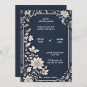Navy Blue und Silver Elegante Elfenbeinblumenhochz Einladung (Vorne/Hinten)