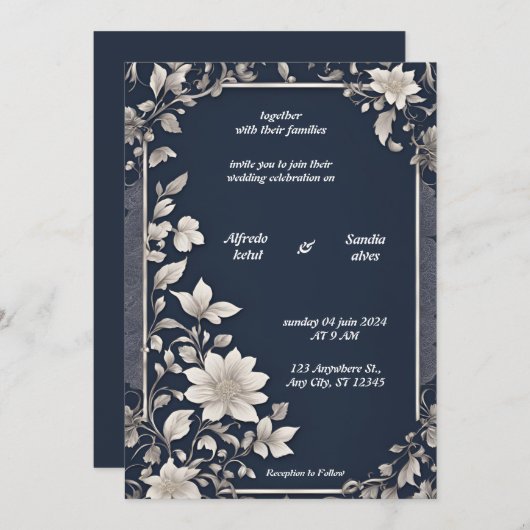 Navy Blue und Silver Elegante Elfenbeinblumenhochz Einladung (Vorne/Hinten)