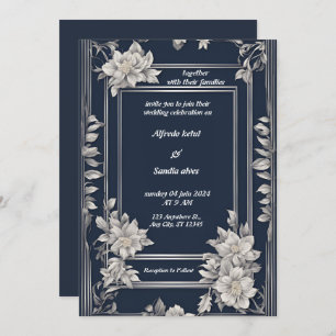 Navy Blue und Silver Elegante Elfenbeinblumenhochz Einladung