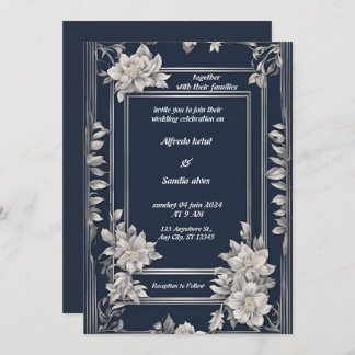 Navy Blue und Silver Elegante Elfenbeinblumenhochz Einladung