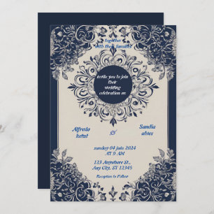 Navy Blue und Silver Elegante Elfenbeinblumenhochz Einladung