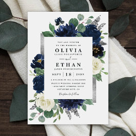 Navy Blue und Silver Elegante Elfenbeinblumenhochz Einladung
