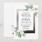 Navy Blue und Silver Elegante Elfenbeinblumenhochz Einladung (Vorne/Hinten)