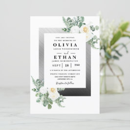 Navy Blue und Silver Elegante Elfenbeinblumenhochz Einladung