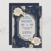 Navy Blue und Silver Elegante Elfenbeinblumenhochz Einladung (Vorne/Hinten)