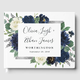 Navy Blue und Silver Elegante Elfenbeinblumenhochz Gästebuch