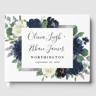 Navy Blue und Silver Elegante Elfenbeinblumenhochz Gästebuch