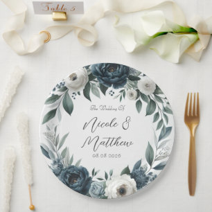 Navy Blue und Silver Elegante Elfenbeinblumenhochz Pappteller