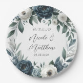 Navy Blue und Silver Elegante Elfenbeinblumenhochz Pappteller (Vorderseite)