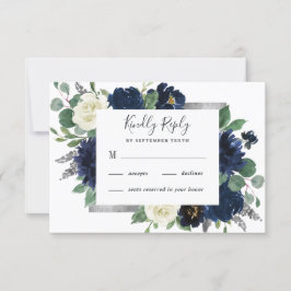 Navy Blue und Silver Elegante Elfenbeinblumenhochz RSVP Karte