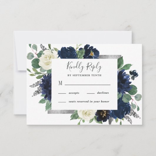 Navy Blue und Silver Elegante Elfenbeinblumenhochz RSVP Karte (Vorderseite)
