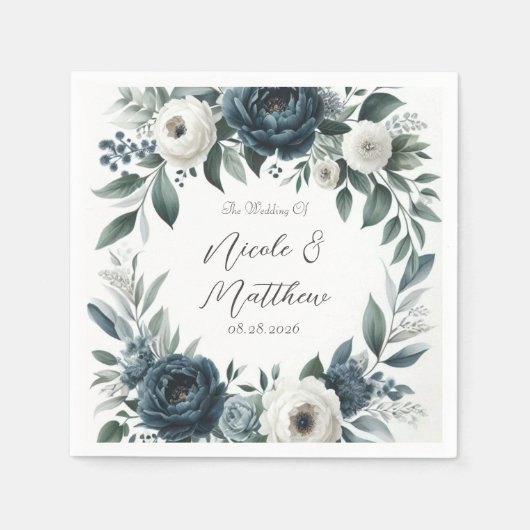 Navy Blue und Silver Elegante Elfenbeinblumenhochz Serviette (Vorderseite)