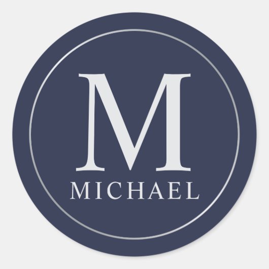 Navy Blue und Silver Elegante Monogram Runder Aufkleber (Vorderseite)