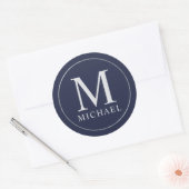 Navy Blue und Silver Elegante Monogram Runder Aufkleber (Umschlag)