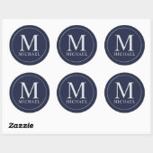 Navy Blue und Silver Elegante Monogram Runder Aufkleber (Blatt)