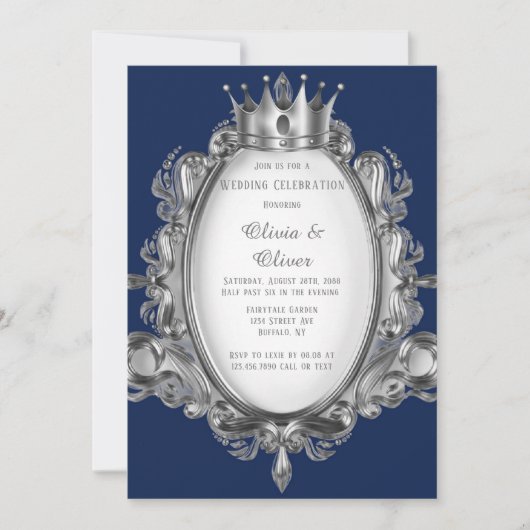 Navy Blue und Silver Frame Royal Wedding Einladung (Vorderseite)