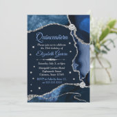 Navy Blue und Silver Glitzer Agate Quinceanera Einladung (Stehend Vorderseite)