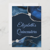 Navy Blue und Silver Glitzer Agate Quinceanera Einladung (Rückseite)