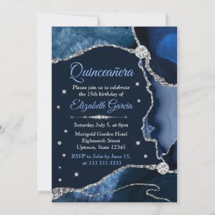 Navy Blue und Silver Glitzer Agate Quinceanera Einladung