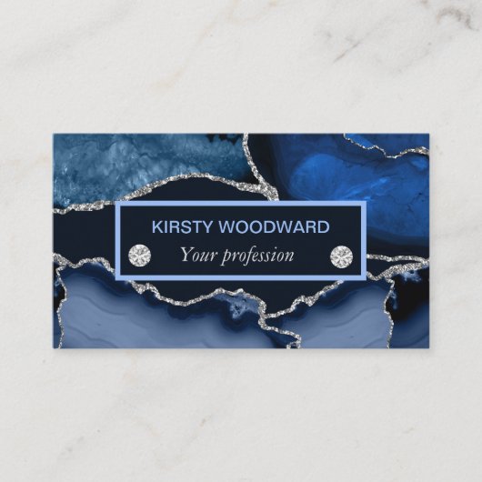 Navy Blue und Silver Glitzer Agate Visitenkarte (Vorderseite)