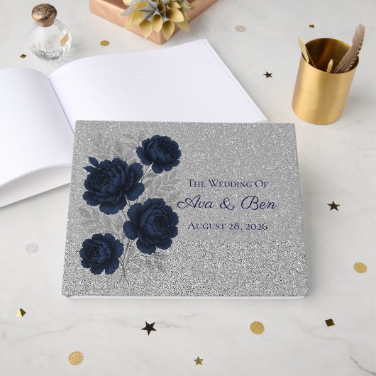 Navy Blue und Silver Glitzer Blätter Hochzeiten Gästebuch (Vorderseite Offen)