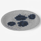Navy Blue und Silver Glitzer Blätter Hochzeiten Pappteller (Schrägansicht)