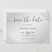 Navy Blue und Silver Glitzer Script Wedding Save The Date (Vorderseite)