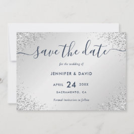 Navy Blue und Silver Glitzer Script Wedding Save The Date