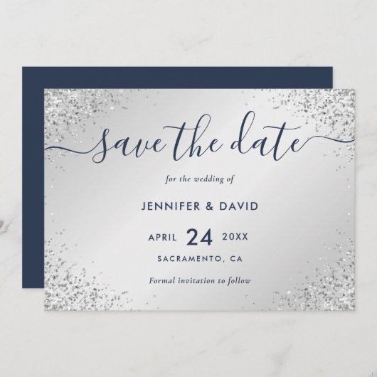 Navy Blue und Silver Glitzer Script Wedding Save The Date (Vorne/Hinten)