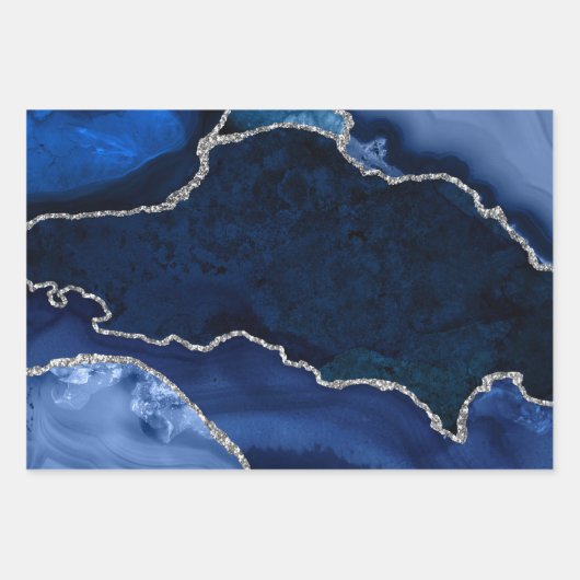 Navy Blue und Silver Imitats Glitzer Agate Geschenkpapier Set (Vorderseite 2)