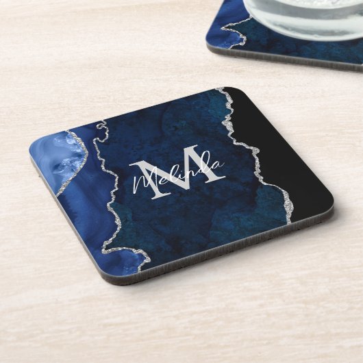 Navy Blue und Silver Marble Agate Getränkeuntersetzer (Linke Seite)