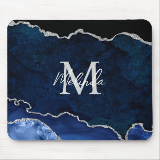 Navy Blue und Silver Marble Agate Mousepad