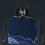 Navy Blue und Silver Marble Agate Schürze<br><div class="desc">Diese Schürze besticht durch einen eleganten und glamourösen Marmorhintergrund mit geode gemstone Details und Imitaten silbernen Glitzer Akzenten. Das Monogramm kombiniert handgeschriebene Skripte mit modernen serifenlosen Schriftart für ein elegantes und raffiniertes Aussehen. Dies wird das ideale Geschenk, da es mit einem Namen und Initial angepasst werden kann. Die tiefen blauen...</div>