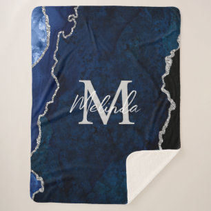Navy Blue und Silver Marble Agate Sherpadecke