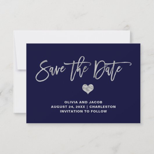 Navy Blue und Silver mit Herz | Foto zurück Save The Date (Vorderseite)