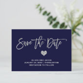 Navy Blue und Silver mit Herz | Foto zurück Save The Date (Stehend Vorderseite)
