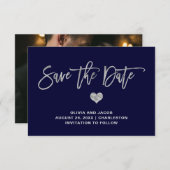 Navy Blue und Silver mit Herz | Foto zurück Save The Date (Vorne/Hinten)
