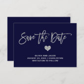 Navy Blue und Silver mit Herz Save The Date (Vorne/Hinten)