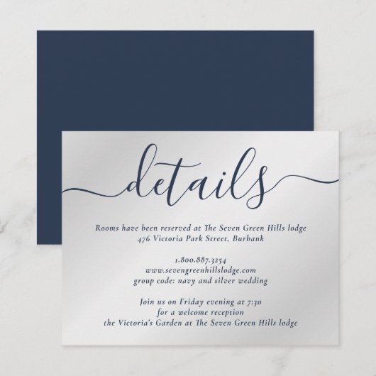 Navy Blue und Silver Modern Script Begleitkarte (Vorne/Hinten)