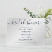 Navy Blue und Silver Modern Script Brautparty Einladung (Stehend Vorderseite)